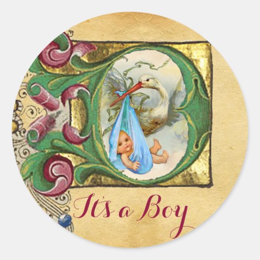 STICKER ROND STORK GARÇON BABY SHOWER PARCHEMENT FLORAL MONOGRA (Devant)