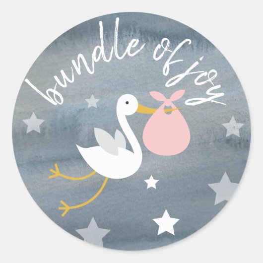 Sticker Rond Stork Pink Bundle Stars Baby shower Aquarelle (Devant)