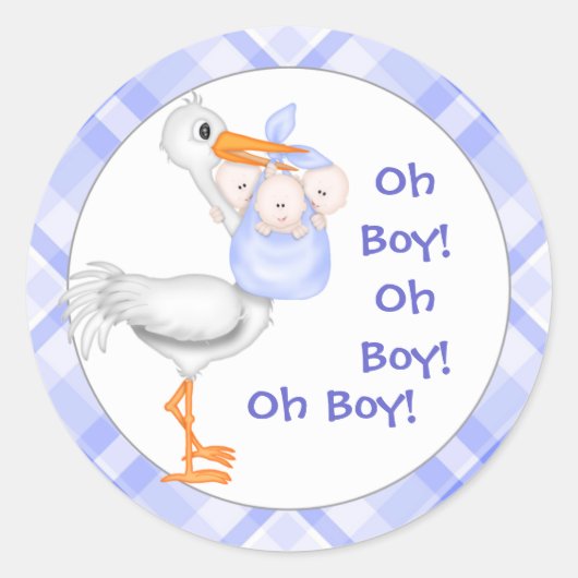 Sticker Rond Stork & Triplet Boys Baby Faire-part (Devant)