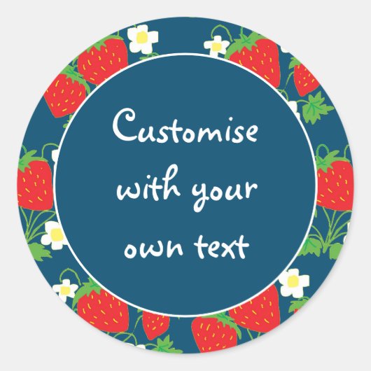 Sticker Rond Strawberries and Flowers Blue Custom Text (Devant)