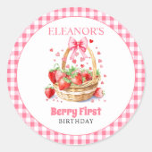 Sticker Rond Strawberries hearts,pink bow Berry First Birthday (Devant)