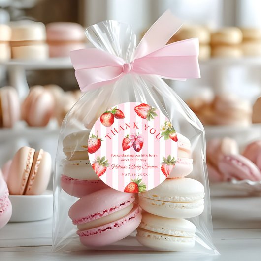 Sticker Rond Strawberry Coquette Bow Baby Shower Favor Gift