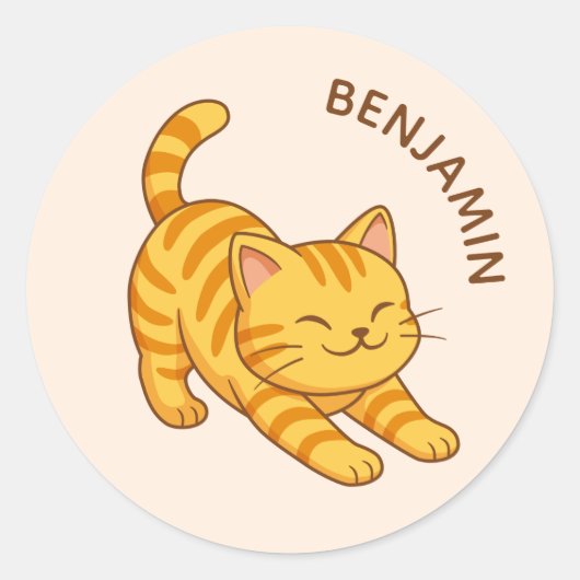 Sticker Rond Stretching Orange Tabby Cat Beige Custom Name (Devant)
