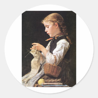 Sticker Rond Strickendes Mädchen Tricot fille