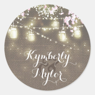 Sticker Rond String Lights Mason Jars Rustic Baby's Breath