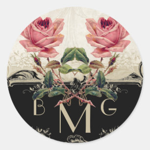 Sticker Rond Style baroque Vintage Rose noir n crème dentelle