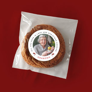 Sticker Rond Style Chic Rouge Blanc Noël Cookie Photo Nom