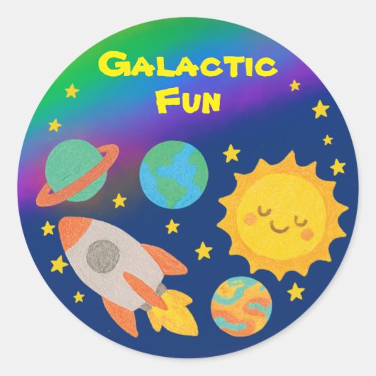 Sticker Rond Style Crayon modifiable - Voyage système solaire (Devant)