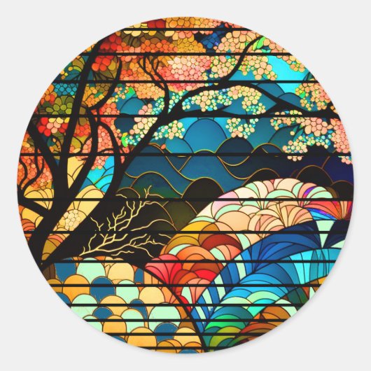 STICKER ROND STYLE D'ART JAPONAIS MODERNE DE LA FORÊT (Devant)