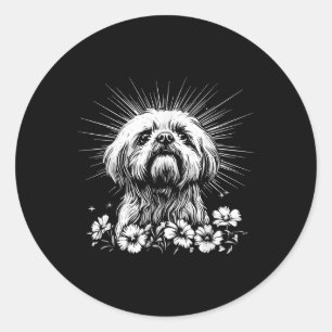 Sticker Rond Style de tatouage Amoureux des chiens Shih Tzu rét