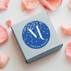 Sticker Rond Stylé Glam Argent Pailleté Bleu  Nom Monogramme 