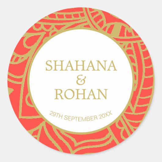 Sticker Rond Style indien Orange Gold Mariage moderne (Devant)