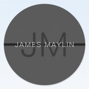 Sticker Rond Stylé Masculin Gris Foncé Nom & Monogramme
