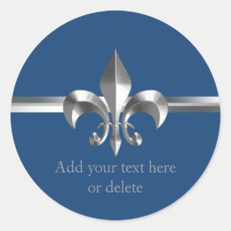 Sticker Rond Style Métal Brossé Fleur de Lis Bleu Argent