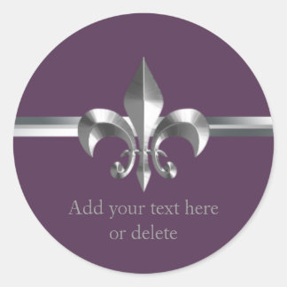 Sticker Rond Style Métal Brossé Violet Fleur de Lis Argent