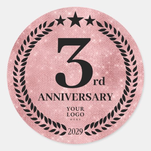 Sticker Rond Style Parties scintillant rose 3e anniversaire Log (Devant)