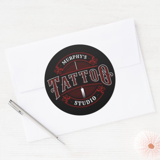 Sticker Rond Style traditionnel AJOUTER LE NOM Tattoo Studio Sh (Enveloppe)