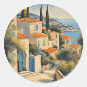 Sticker Rond Style vintage Côte d'Azur Aquarelle Voyage Françai