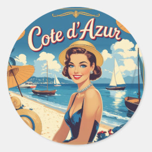 Sticker Rond Style vintage Côte d'Azur Beach Girl