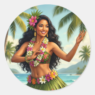 Sticker Rond Style Vintage Fille Hula Hawaïen Voyage