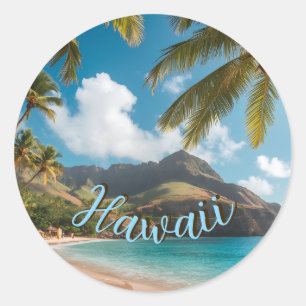 Sticker Rond Style Vintage Hawaïen Palmiers Mer Bleu Ciel Voyag