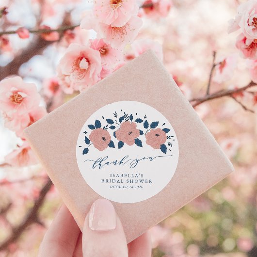 Sticker Rond Stylish Blue Garden Flower Personalized Thank You 