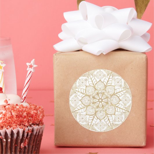 Sticker Rond Stylish Boho White Gold Mandala Floral (Fête)