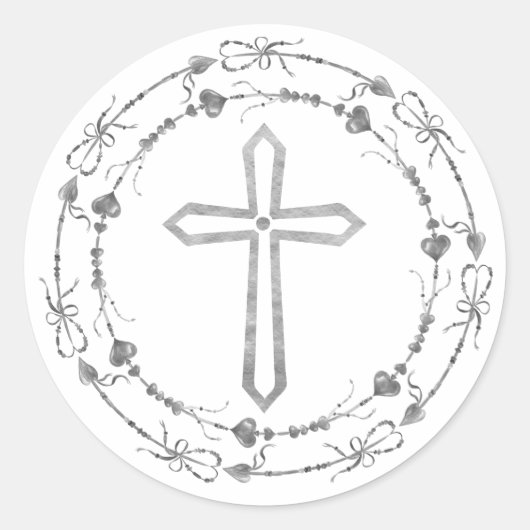 Sticker Rond Stylish Grey Cross Boho Wreath Baptism (Devant)