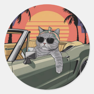 Sticker Rond Stylish Sunset Cat