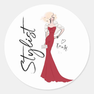 Sticker Rond Styliste fille en robe de soirée rouge