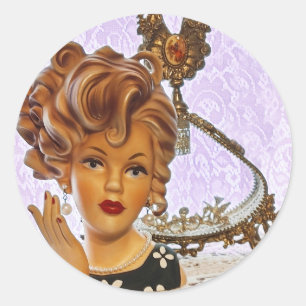 Sticker Rond Stylo Lady Head Vase Boucles Spirales Robe Florale