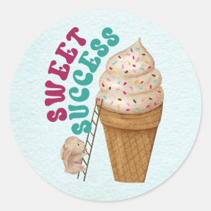 Sticker Rond Succès sucré - Joli lapin atteignant une glace crè