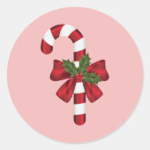 Sticker Rond Sucre de canne Avec Bow Et Holly De Noël Sur Rose (Devant)