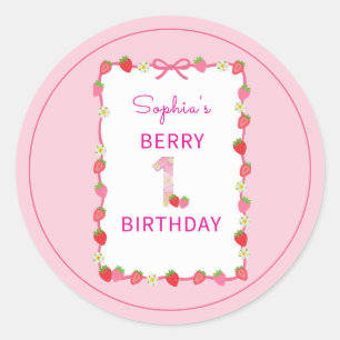 Sticker Rond Sucre fraise 1er anniversaire Invitation