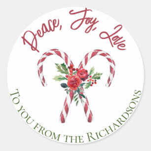 Sticker Rond Sucres de canne Holly Floral Paix Joie Amour Noël
