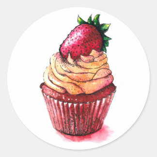 Sticker Rond Sucrez le cupcake avec une fraise sur le dessus.