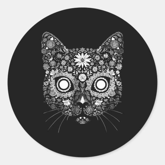 Sticker Rond Sugar Cat Skull Flower Artistic Design  (Devant)