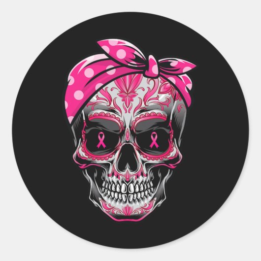 Sticker Rond Sugar Skull Cancer du sein Sensibilisation Pink Ri (Devant)