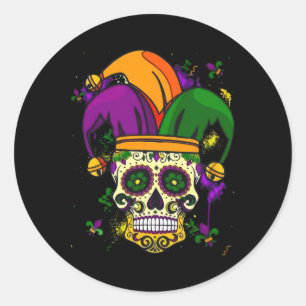 Sticker Rond Sugar Skull Jester Casquette Mardi Gras Gros Mardi