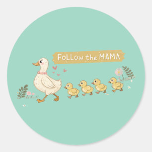 Sticker Rond Suivez la famille Mama Cute Duck