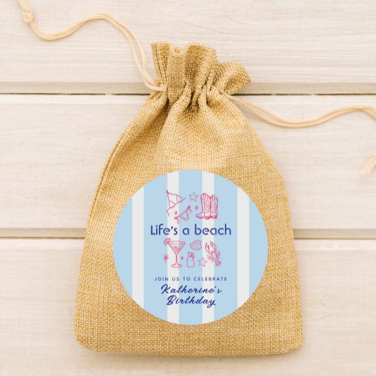 Sticker Rond Summer Blue Stripe Beach Vie Anniversaire