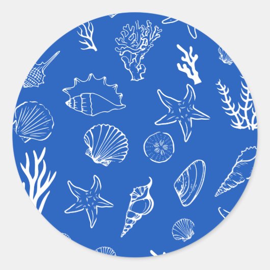 Sticker Rond Summer Seashells Frame Beach Wedding Blue (Devant)