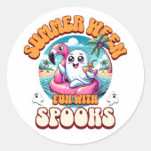 Sticker Rond Summerween Cute Ghost Flamingo Float Beach Party (Devant)
