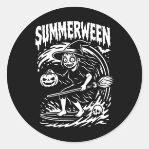 Sticker Rond Summerween Halloween Été Surf Plage Sorcière