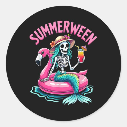 Sticker Rond Summerween Mermaid Skeleton Beach Flamingo Hallowe (Devant)