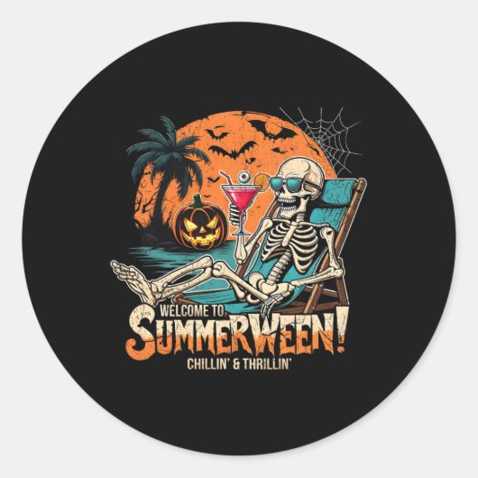 Sticker Rond Summerween Skeleton Beach Halloween Art Tropical (Devant)