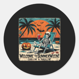Sticker Rond Summerween Skeleton Beach Halloween Art tropical 1