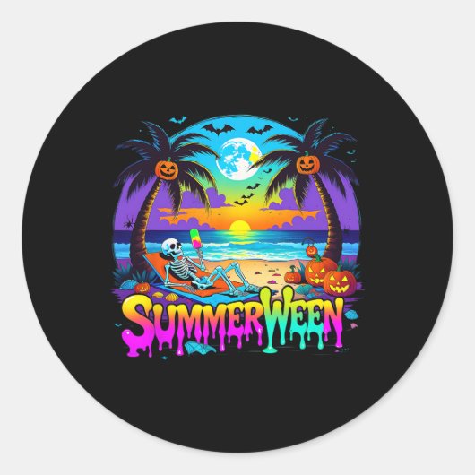 Sticker Rond Summerween Skeleton Ghost Beach Drôle Éffrayant Ha (Devant)