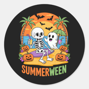 Sticker Rond Summerween Skeleton Ghost Beach Halloween Fu