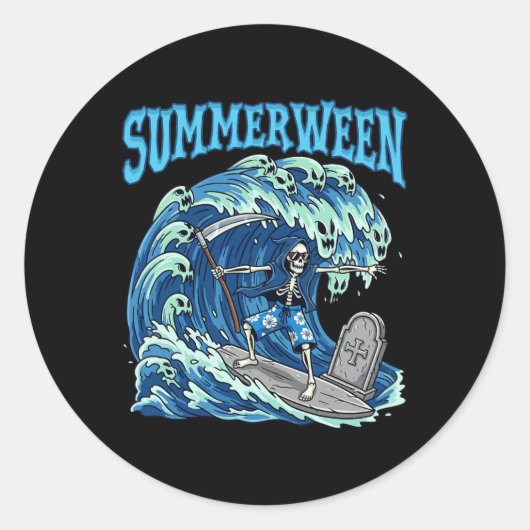 Sticker Rond Summerween Skeleton Surf Grim Reaper Plage Éffraya (Devant)